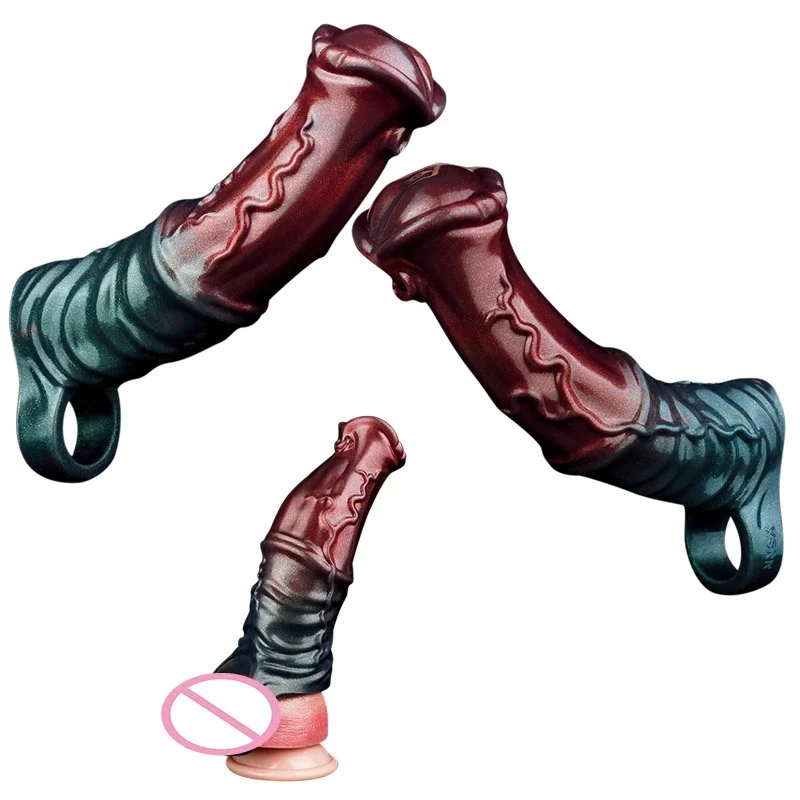 XL Monster Silicone Realistic Penis Sleeve with Penis Ring Cock Sleeve Extension Reusable Condom Sex Toys for Men