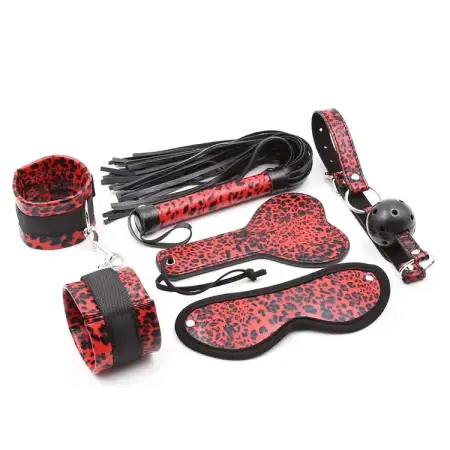 Eye Mask Gag Ball Whip Leather Handcuffs Game PU Leather Red Leopard Bondage Kit