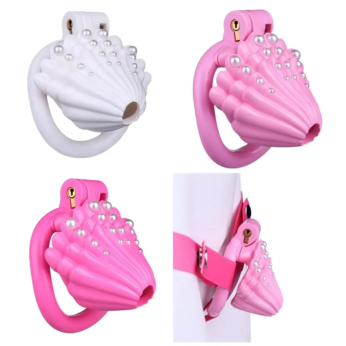 Pearl Shell Chastity Cage Kit ABS Resin Chastity Belt Elastic Strap on Urehtral Penis Lock Adult Sex Toy for Men Sissy