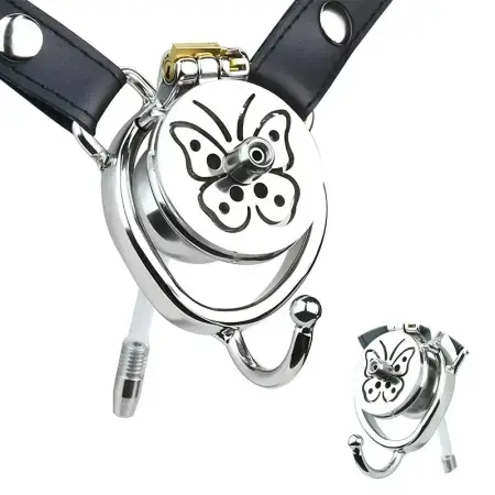 Butterfly Sissy Male Metal Chastity Training Flat Cock Cages Lock Cage Novelty Sissy Inverted Chastity Strap on Device