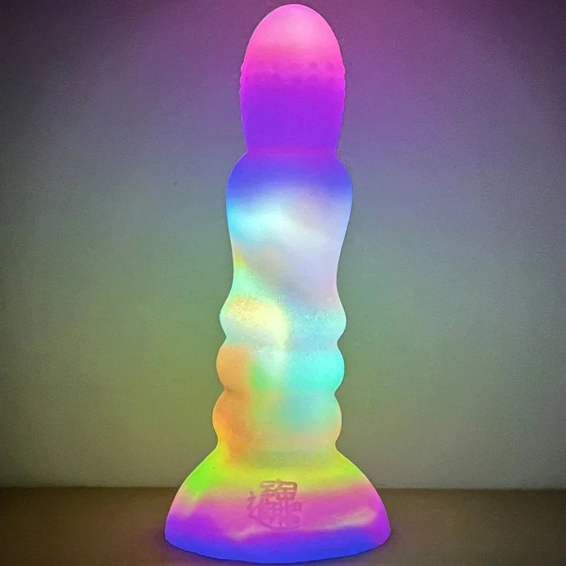 8 Inch Long Luminous Alien Dildo Soft Silicone Colorful Gorgeous Glow in Dark Dildo for Women Concave Penis