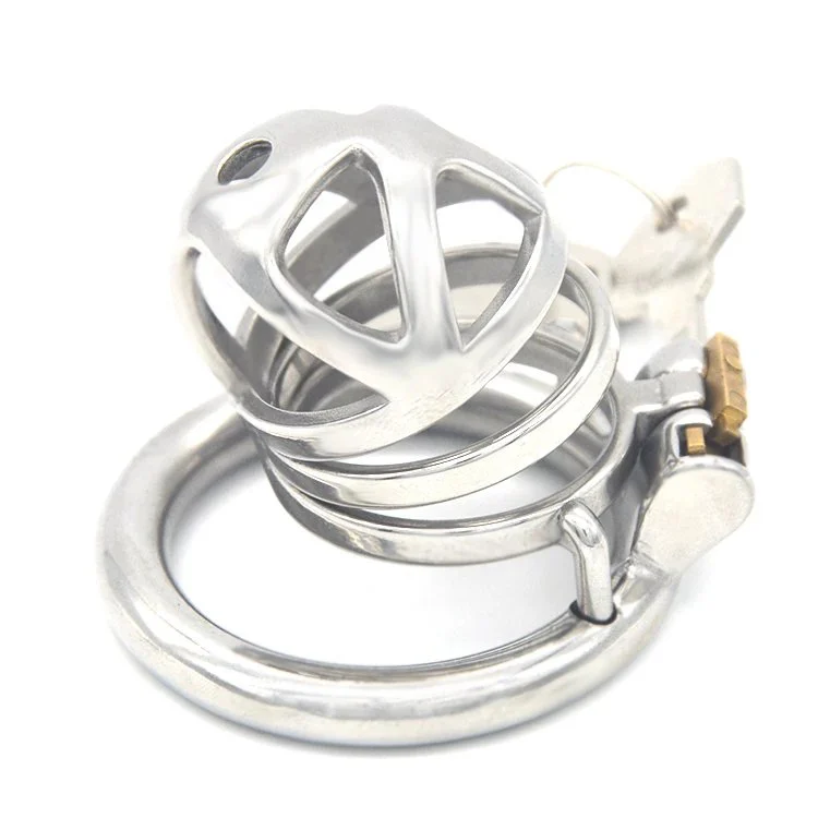 Small Snap Ring Metal Male Chastity Cage Cock Cage with Urethral Catheter for Man