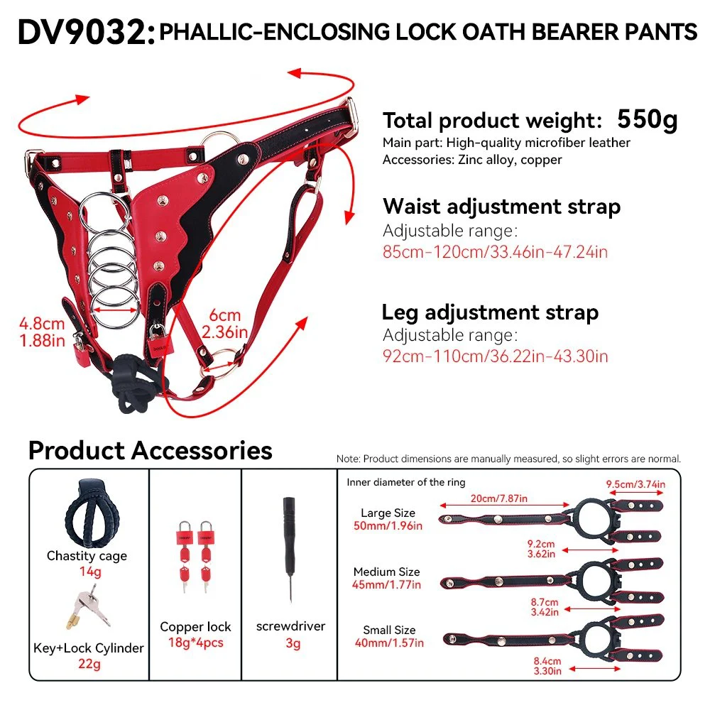 5-Ring Spiral Restraint Lockable Bondage Pants - Phallic Enclosing Chastity Harness Red & Black BDSM Pants No Cage Ring Needed