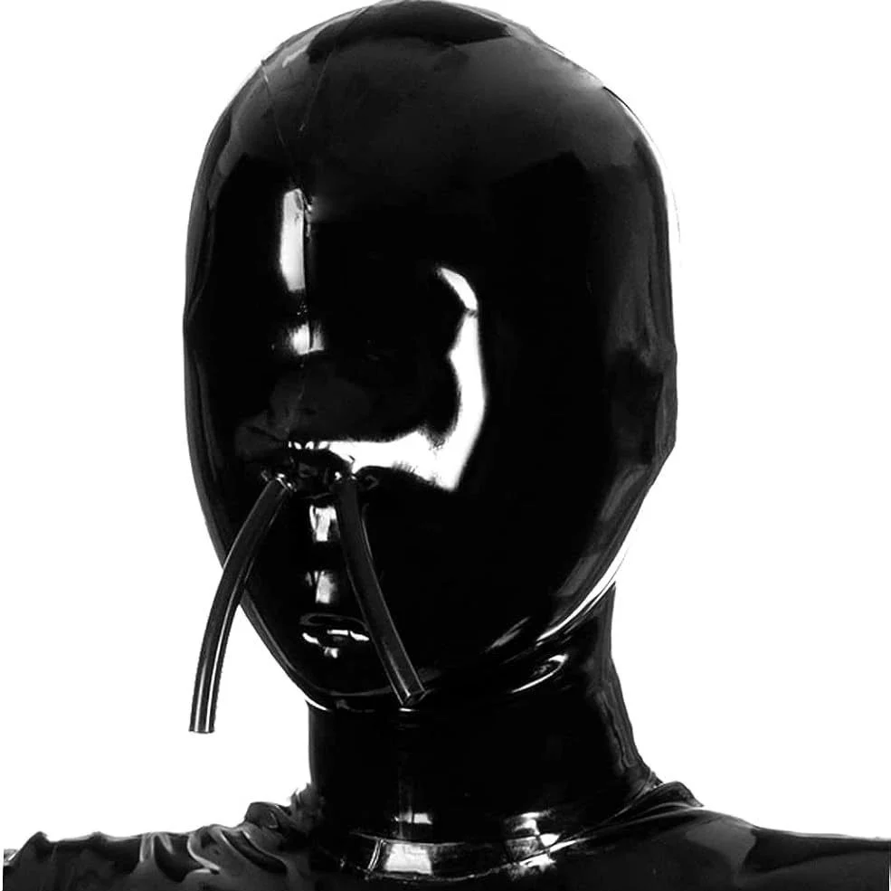 Halloween Black Sexy Latex 100% Waterproof Closed Toe Suffocating Hood Double Nose Tube Role-playing Adult Products