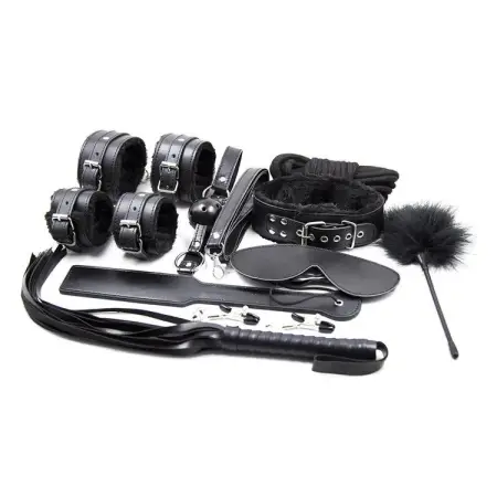 10PCS Set Fluffy Handcuffs Spanking Ass Whip Black Leather Bondage Restraints Kit