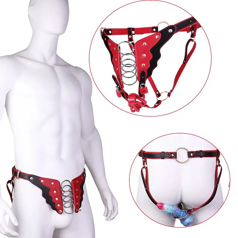 5-Ring Spiral Restraint Lockable Bondage Pants - Phallic Enclosing Chastity Harness Red & Black BDSM Pants No Cage Ring Needed