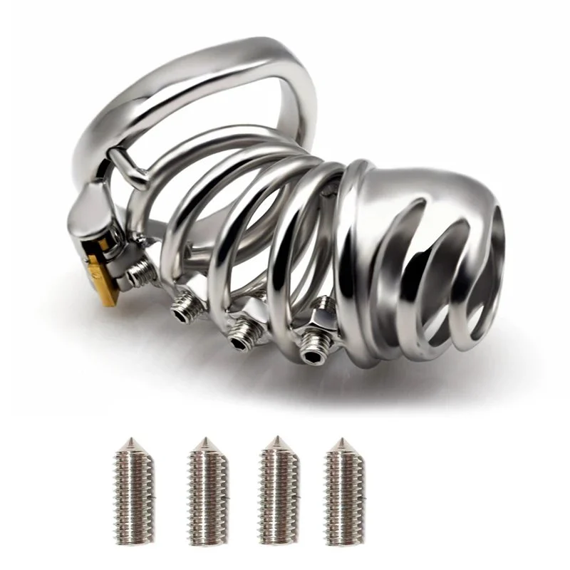 Alternative Toy Medium Metal Bird Cage Curved Male Chastity Device with Four Screws Prostate Stimulation