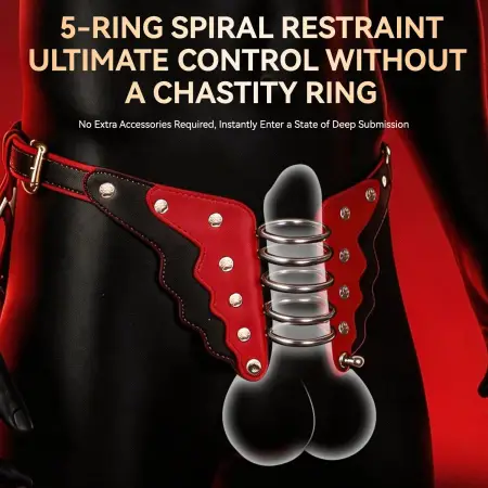 5-Ring Spiral Restraint Lockable Bondage Pants - Phallic Enclosing Chastity Harness Red & Black BDSM Pants No Cage Ring Needed
