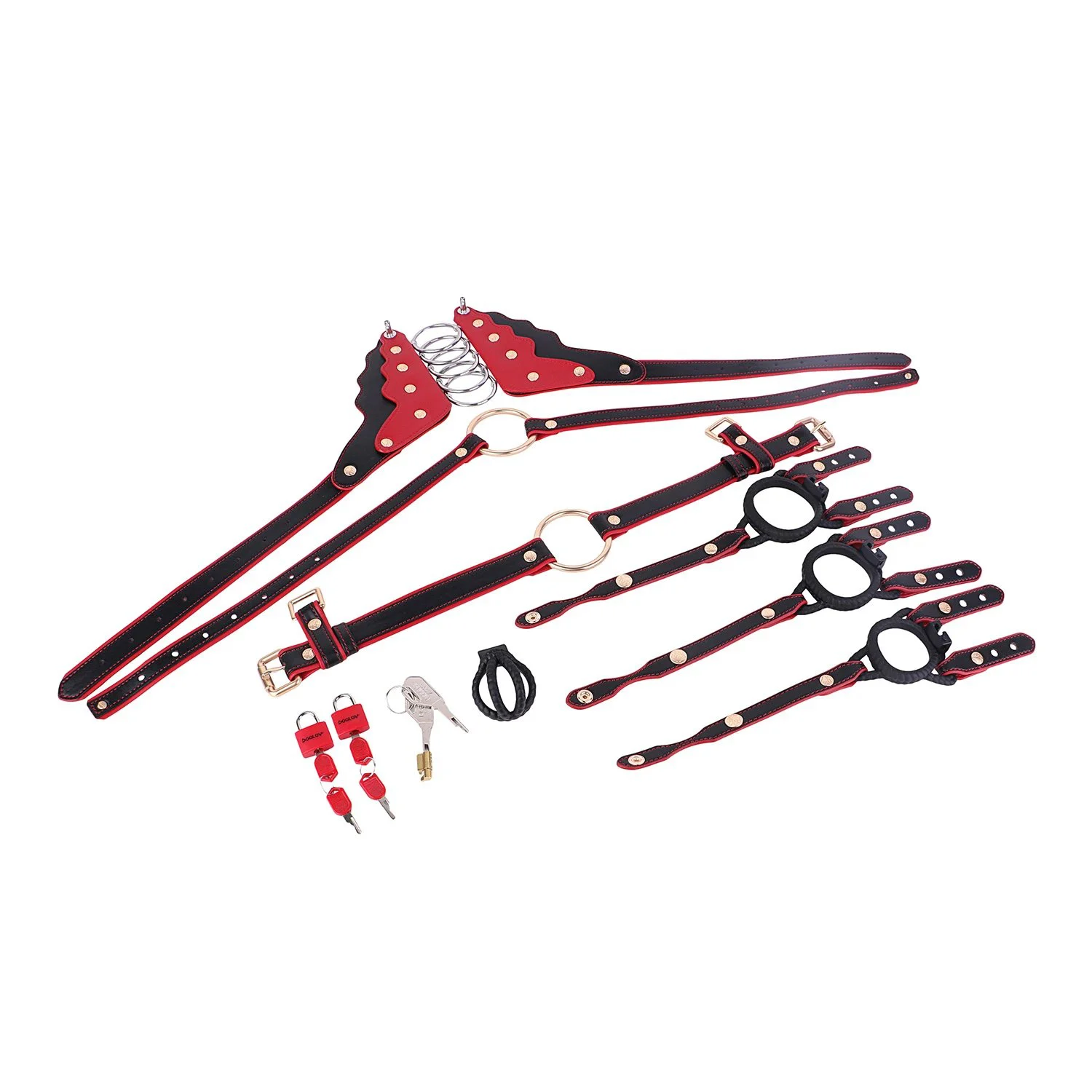 5-Ring Spiral Restraint Lockable Bondage Pants - Phallic Enclosing Chastity Harness Red & Black BDSM Pants No Cage Ring Needed