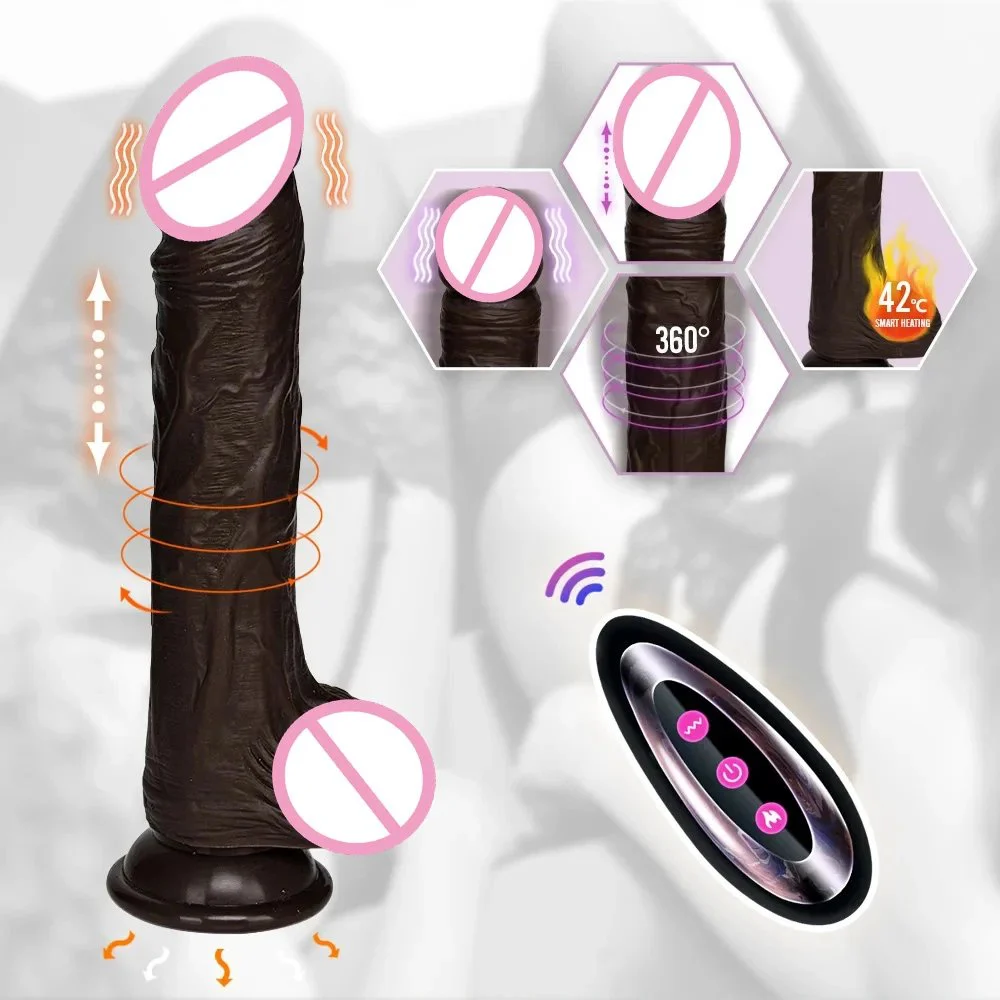 Remote Control 8.5 Inch Heating Telescopic Swing Penis Dildo Rotating Thrusting Vibrating Black Silicone Dildo With Suction Cup