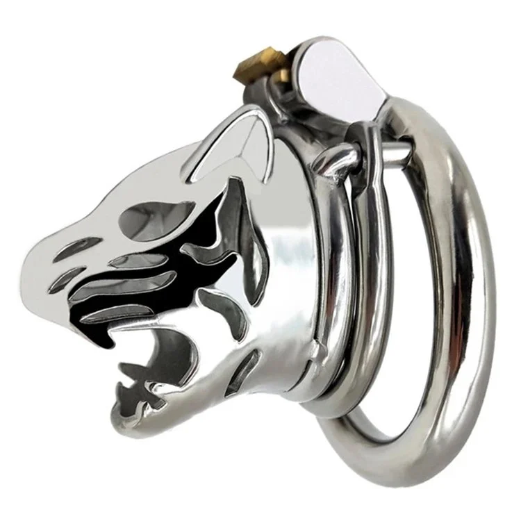 Leopard Shaped Stainless Steel Male Chastity Cage Metal Cock Ring Frrk Penis Cage with 40 45 45mm Cock Ring Sex Toys for Men