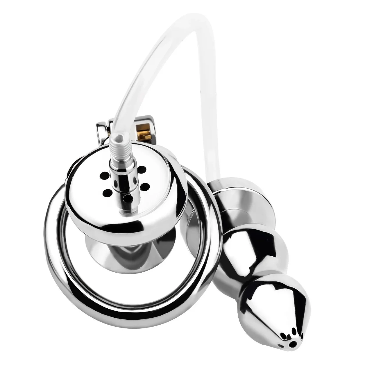 Cock Cage with Anal Plug Seven Holes to Squirting Silver Material Chastity Devices for Men Sissy Gay