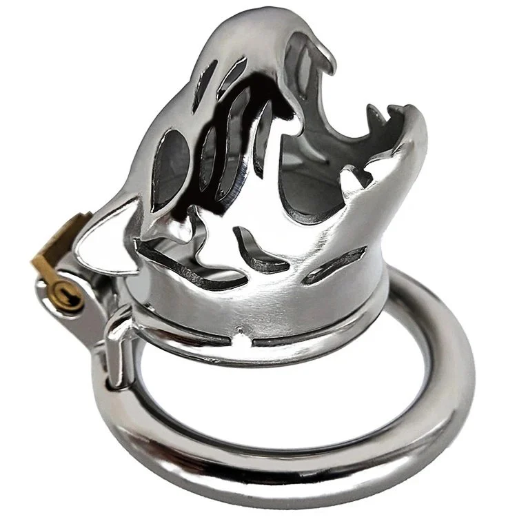 Leopard Shaped Stainless Steel Male Chastity Cage Metal Cock Ring Frrk Penis Cage with 40 45 45mm Cock Ring Sex Toys for Men