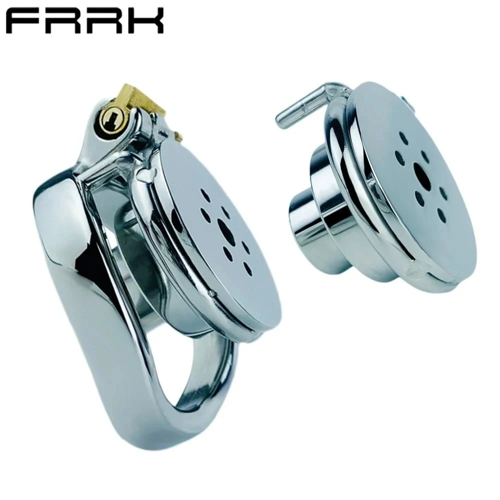 Male Penis Control Chastity Cage Devive Metal Stainless Steel Chastity Lock Hollow Flat Cage Sex Toys for Couple