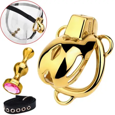 Golden Cobra Strap on Chastity Cage with Metal Anal Plug Sissies Penis Rings Femboy Cock Lock Adult Sex Goods for Man 18+