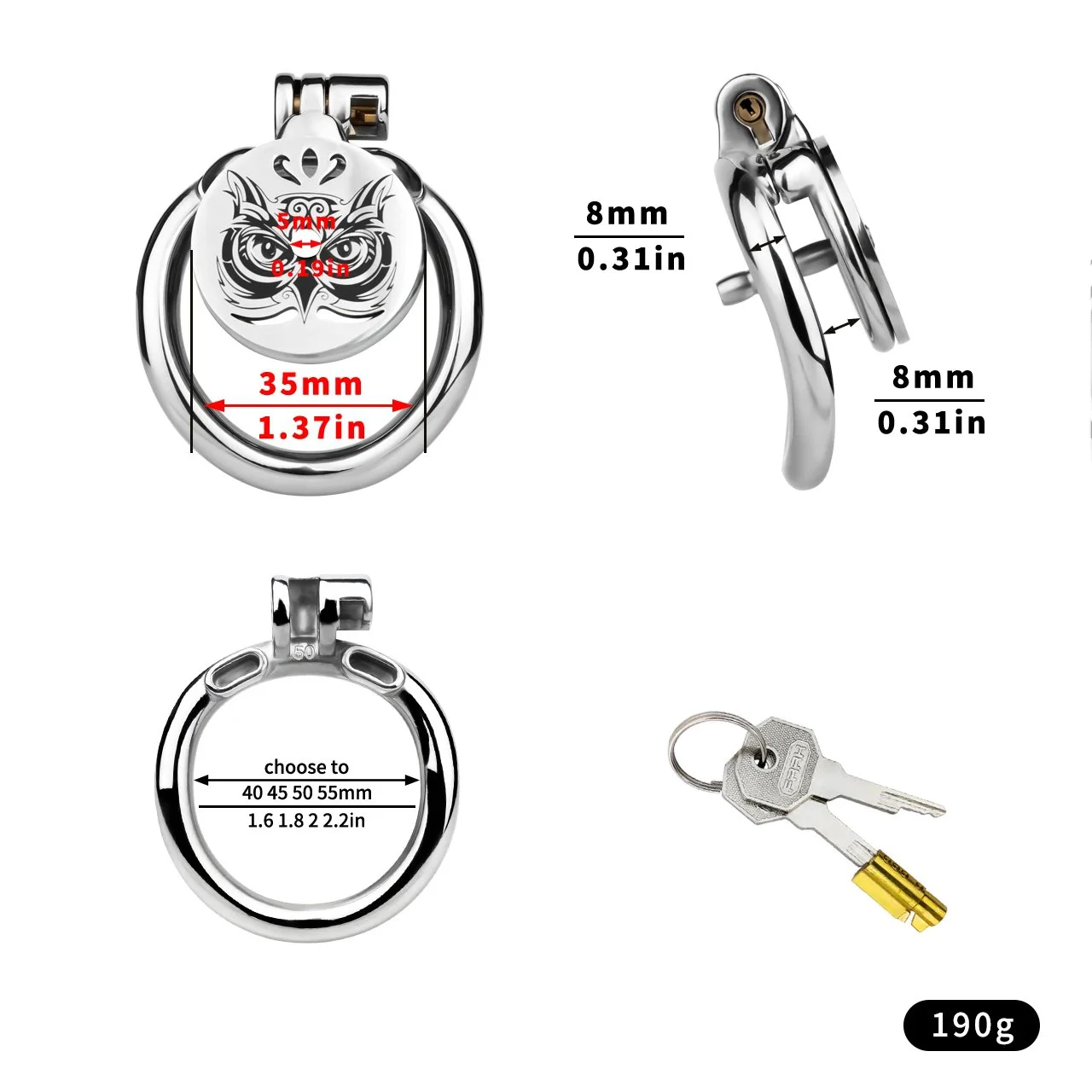 Built-in Flat Male Metal Chastity Lock with Owl Pattern and Urinary Catheter for Male Chastity Confinement Penis Cage