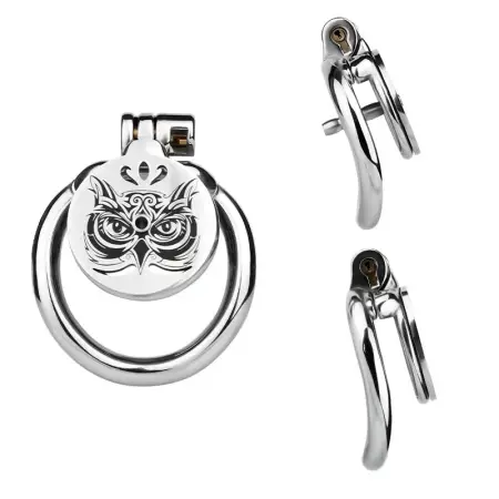 Built-in Flat Male Metal Chastity Lock with Owl Pattern and Urinary Catheter for Male Chastity Confinement Penis Cage