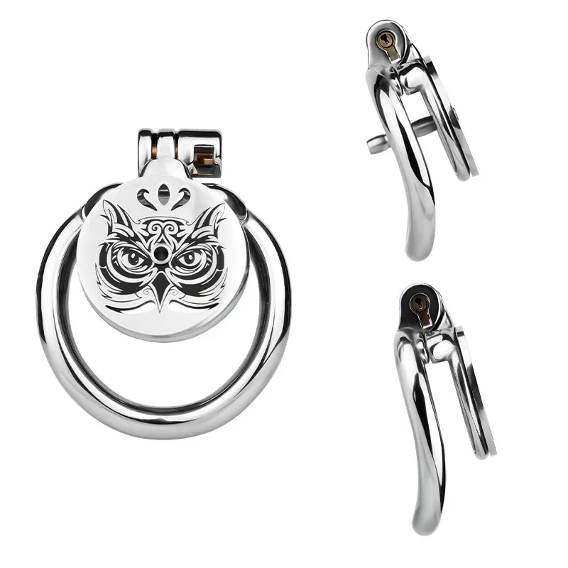 Built-in Flat Male Metal Chastity Lock with Owl Pattern and Urinary Catheter for Male Chastity Confinement Penis Cage