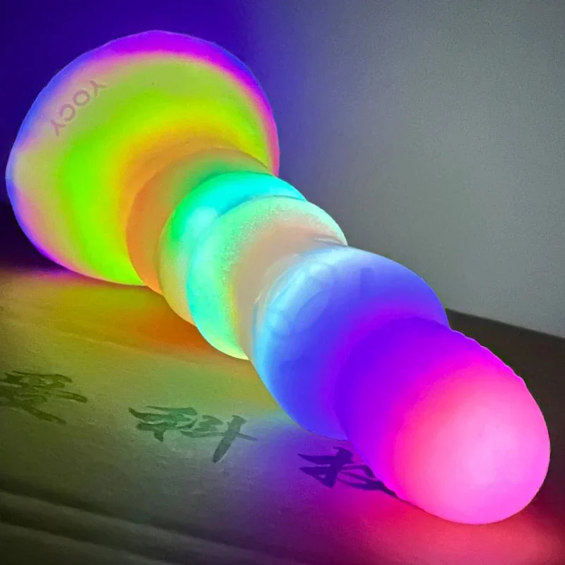 8 Inch Long Luminous Alien Dildo Soft Silicone Colorful Gorgeous Glow in Dark Dildo for Women Concave Penis
