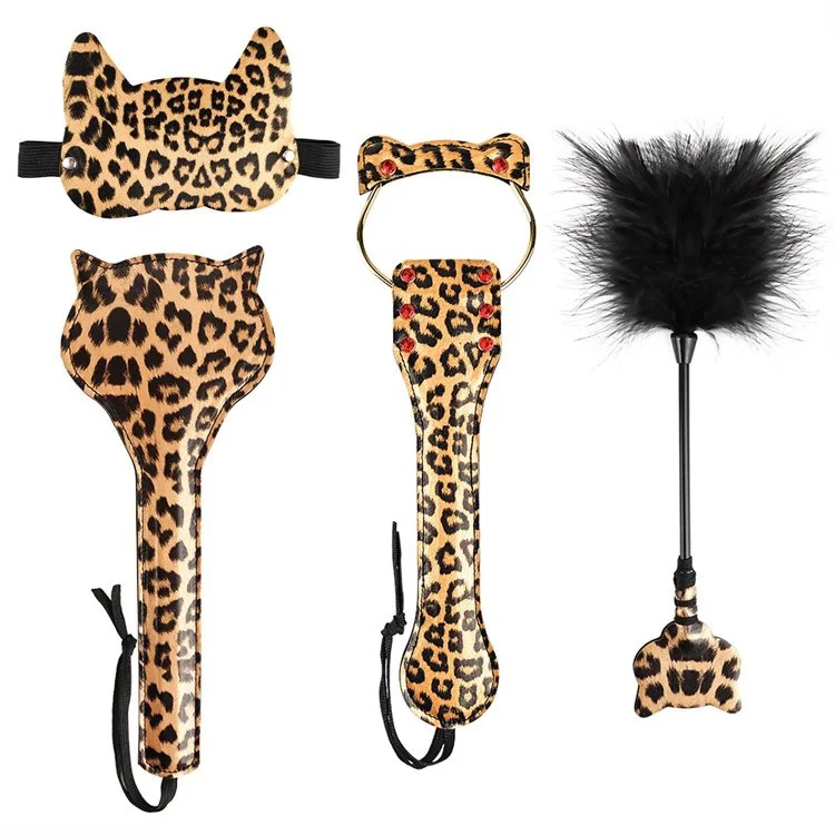 Leopard Design Sexy Eye Mask Furry Feather Flirting Tickler Floggings PU Leather Sex Toy Bondage
