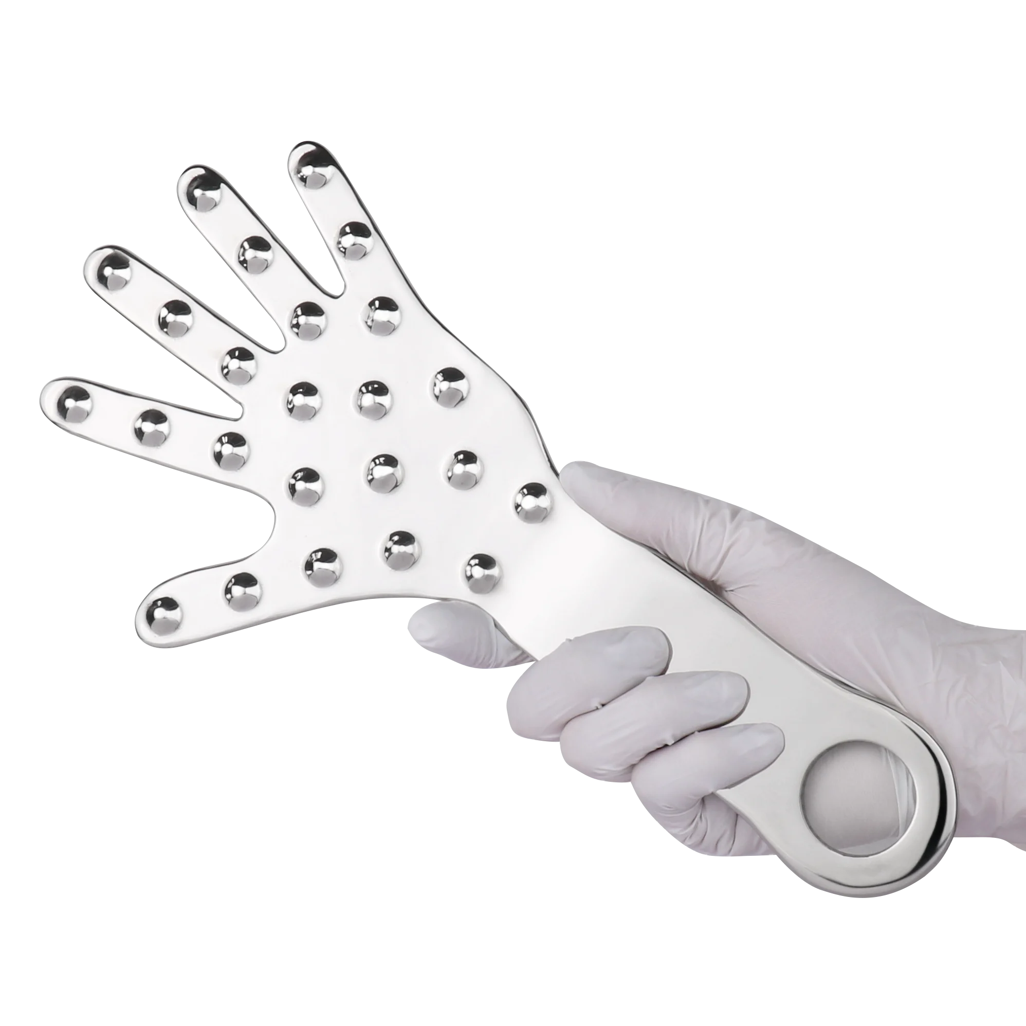 Metal Play Paddle with Raised Nubs on the Reverse Side for Varied Tactile Sensations. Suitable for Adult Use