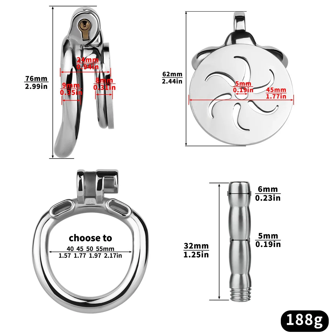 Negative Chastity Cage with Built-in Male Chastity Strap and Urination Tube Stainless Steel Construction 4 Sizes Available